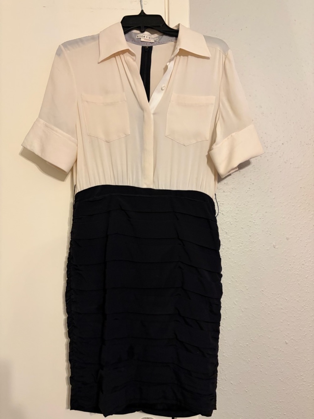 Alice + Olivia Cream Blouse Top with Black Ruched Midi Skirt